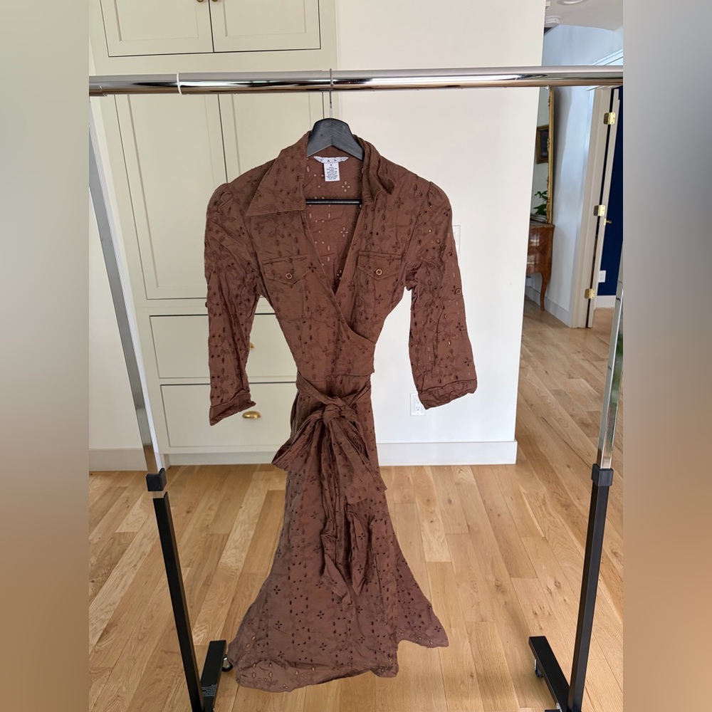 100% Cotton CAbi Brown Eyelet Wrap Dress with Self-Tie